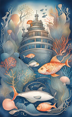 Watercolor illustration of a sunken ship underwater, tropical coral reefs, deep sea wallpaper with...