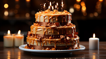 Fototapeta na wymiar Tiered birthday cake with golden candles