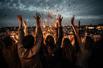 people holding their hands in the air as they are throwing cons into the night sky, with fireworks exploding all around them