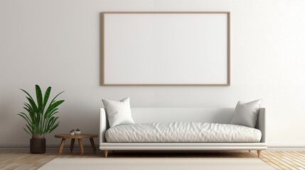Mock-up picture frame on the sofa in a living room with white interior