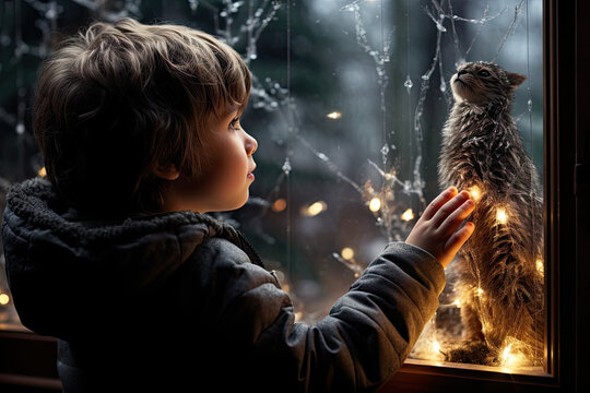 A Little Boy Looking Out The Window At A Cat That Is Sitting On Top Of His Head In Front Of Him