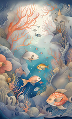 Watercolor illustration of a sunken ship underwater, tropical coral reefs, deep sea wallpaper with colorful fish, shells, crabs in the depths of the bay, - obrazy, fototapety, plakaty