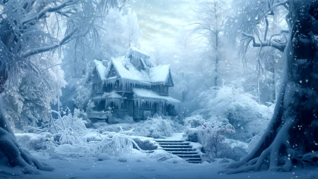 frozen house in winter landscape in the forest beautiful view video background looping live wallpaper 4k
