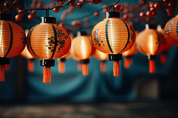 Fototapeta premium chinese lanterns hanging from a tree branch in front of a blue wall with red and orange lights on the branches
