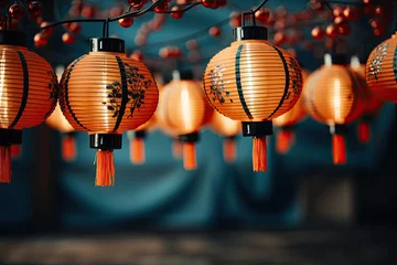 Rolgordijnen chinese lanterns hanging from a tree branch in front of a blue wall with red and orange lights on the branches © Golib Tolibov