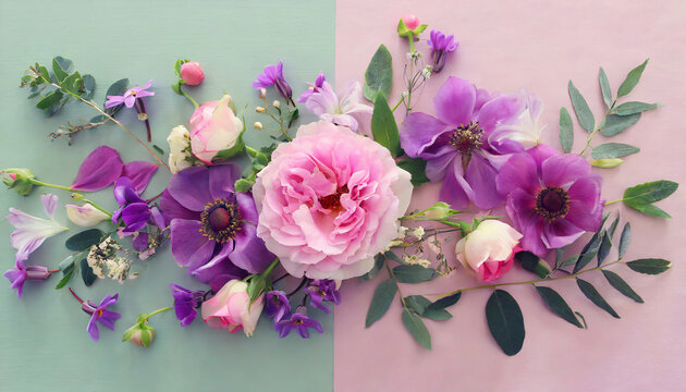 Top view image of pink and purple flowers composition over pastel background .Flat lay