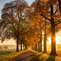 Fototapeta premium Avenue of Horse Chestnut Trees in the warm light of the rising sun