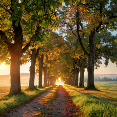Avenue of Horse Chestnut Trees in the warm light of the rising sun