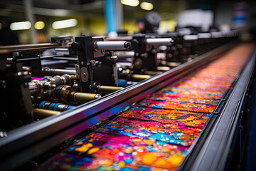 an industrial printing machine with many colors on the conveyormn in a factory, close - up to...