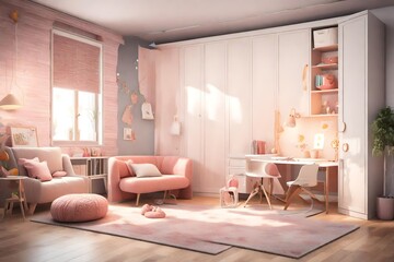 Cozy girl's children room with sofa-bed installed in wardrobe, study area, cozy rug and decor, 3d illustration 