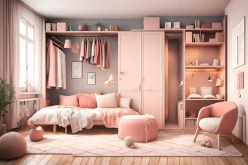 Cozy girl's children room with sofa-bed installed in wardrobe, study area, cozy rug and decor, 3d illustration  - obrazy, fototapety, plakaty