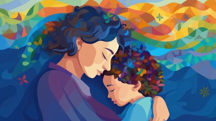 Obraz na płótnie Canvas Mother's Day illustration, a mother hugs her child with love