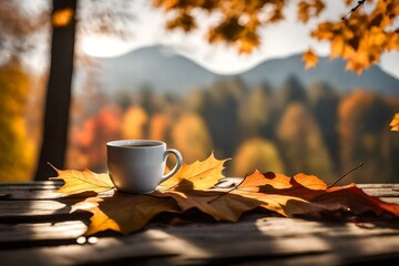 Naklejka na ściany i meble On a wooden table, a coffee cup is tucked between some leaves. The background is a softly blurred autumn scene
