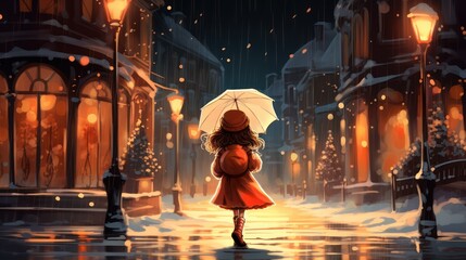 Little sweet girl carrying umbrella in the middle of evening city street in dramatic snow season, cartoon illustration.