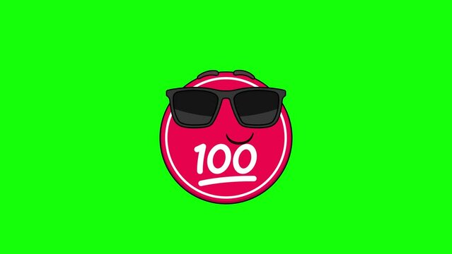 hundred points emoji cartoon smiling face with sunglasses, emoticon animation
