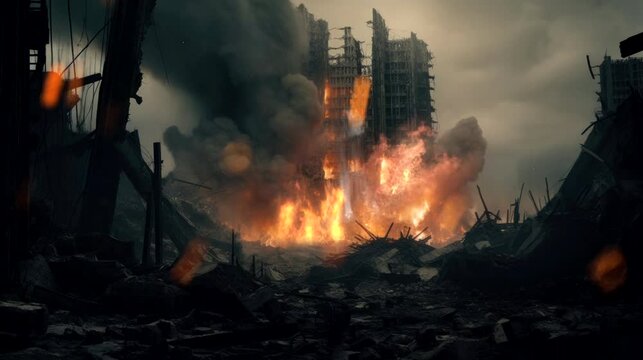 under attack on destroyed skyscraper building at war zone attack, fire burn, video looping background