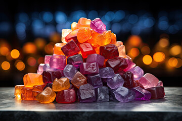 CBG Gummies. crystals on a table with bo lights in the background and an image of fireflies flying over them from above