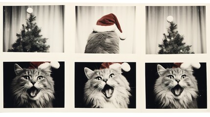 A series photostrip from a photobooth, split images of a christmas cat, 1970, hillarious, different poses and angles, candid.Photo-strip hall of fame.  Instant funny photos, snapshot 