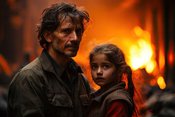 a man and a little girl in front of a burning building with the fire behind them all looking at the camera