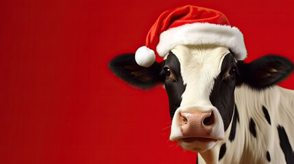 a cow stands wearing a santa hat on a red background