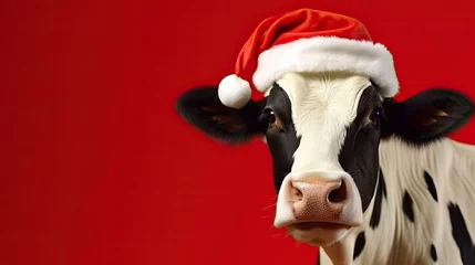 Gordijnen a cow stands wearing a santa hat on a red background © Rangga Bimantara