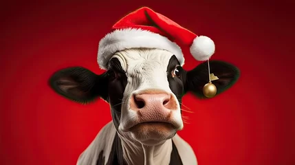 Gordijnen a cow stands wearing a santa hat on a red background © Rangga Bimantara