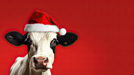 a cow stands wearing a santa hat on a red background - Powered by Adobe