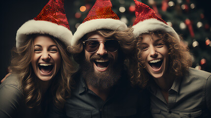 Three friends laughing and having a great time at Christmas - Santa hats - Christmas Tree backdrop...