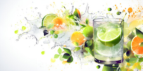 Quenching Summer Thirst Mojito Cocktail, Lemonade, Citrus Delight splashing in glass and White Wood Background Harmony generative ai