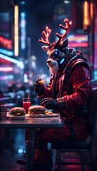 Christmas. Santa, dressed in his iconic red suit, takes a bite out of a juicy burger as he stands in front of a neon light sci-fi cityscape. 