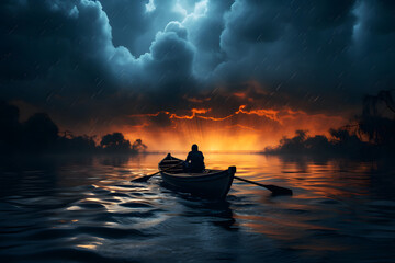  a man who is on a boat in ocean where the water is dark blue strong lightning strike on sky - obrazy, fototapety, plakaty