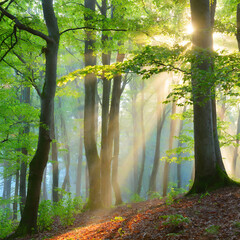 Forest of Beech and oak Trees illuminated by sunbeams through morning mist