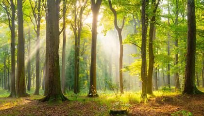 Obraz premium Panorama of Natural Beech and Oak Tree Forest with Sunbeams through Morning Fog