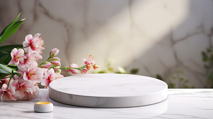 a round white marble pedestal with green leaves on the side. white podium for product presentation