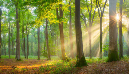 Panorama of Natural Beech and Oak Tree Forest with Sunbeams through Morning Fog