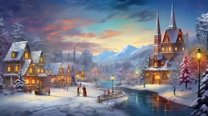 Foto op Canvas christmas scene in a town. falling snow town night landscape. christmas and happy new year concept © Rangga Bimantara
