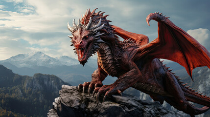 red dragon sitting on the cliff with mountain scenery background