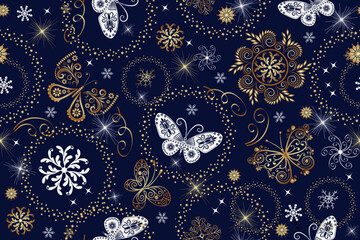 Vector seamless hand drawn christmas dark blue pattern with openwork butterflies and snowflakes - obrazy, fototapety, plakaty