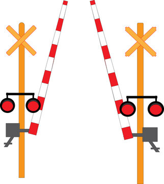 Open Railroad Crossing Barrier Gates and Warning Signals, Railway Level Crossing with Activated Signals Vector Graphic