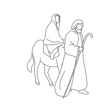 Joseph and pregnant Mary riding on donkey illustration vector hand drawn isolated on white background