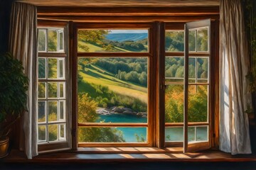 A painterly interpretation of an open window overlooking a picturesque natural scene, the old-fashioned design enhancing the sense of timeless beauty
