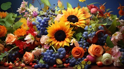 Huge bunch of summer flowers, bluebells, sunflowers and apricots