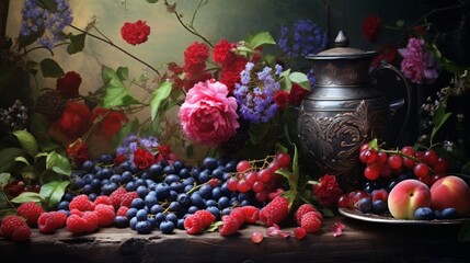 Sill life with berries and flowers
