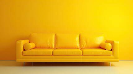 yellow leather sofa in front of yellow wall