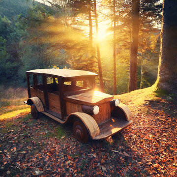 Nostalgic and magical image of wooden car in the forest at sunset