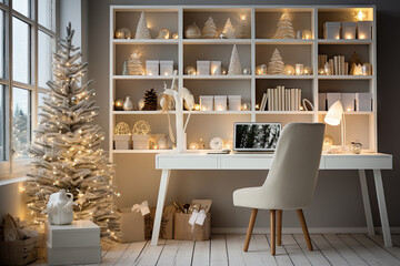 a white christmas tree in the corner of a room next to a desk with a laptop on it, surrounded by candles