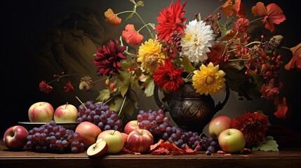 Obraz na płótnie Canvas Still life with autumnal flowers and fruits