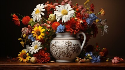 Still life with autumn flowers in a white jug