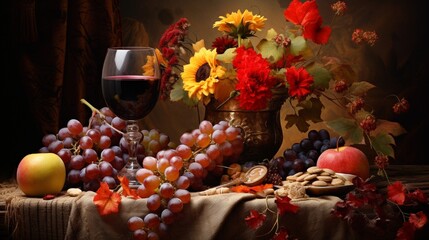 Still life with autumn flowers, grapes and wine