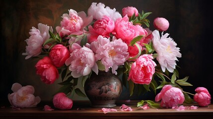 Still life with a bouquet of peonies